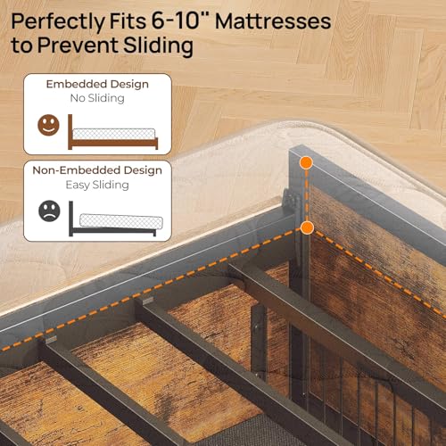 Rolanstar Queen Bed Frame with 4 Storage Drawers, Charging Station and LED Lights, Metal Platform Bed with 2-Tier Storage Headboard, No Box Spring Needed, Easy Assembly, Noise-Free, Rustic Brown Rolanstar
