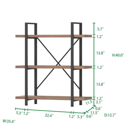 HSH Industrial 3 Tier Book Shelf, Modern Small Wood and Metal 3 Shelf Bookcase Etagere, Farmhouse Open Low 3 Tier Bookshelf and Display Storage Shelves for Bedroom Living Room Office, Rustic  - WoodArtSupply