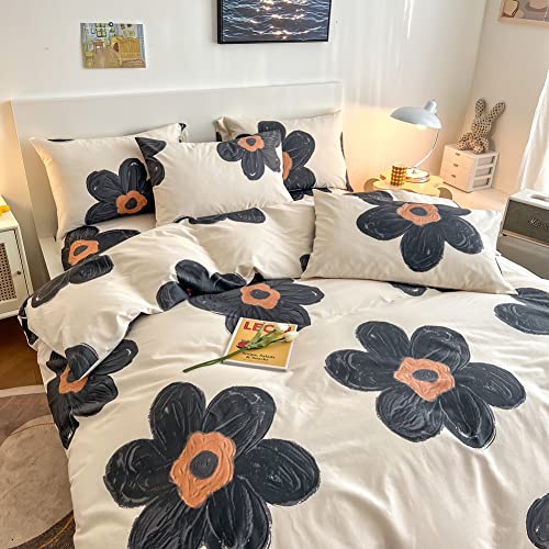 BlueBlue Flower Kids Duvet Cover Set, 100% Cotton Bedding for Boys Girls Teens Single Bed, Cartoon Cute Black Flower Floral Pattern Print on Cream White, 1 Comforter Cover 2 Pillowcase (Twin) BlueBlue