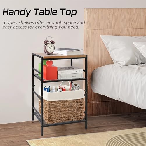 GIOTORENT 3-Tier Record Player Stand with Vinyl Storage, Tall Nightstand with Adjustable Shelf, Narrow Side Table/Bedside Table for Living Room, Bedroom, Office, Bathroom, Rustic Brown and Black GIOTORENT