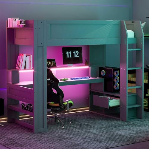 SOFTSEA Dark Grey Twin Gaming Loft Bed with Integrated Desk and Storage - WoodArtSupply