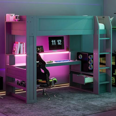 WADRI Dark Gray Twin Size Gaming Loft Bed with Built-in Desk and Storage Shelves WADRI