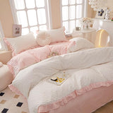 Pink Floral Duvet Cover Queen Chic Flower Print Ruffle Duvet Cover Cotton Lace Comforter Cover Country Style Floral Bedding Set Girls Ruffle Comforter Cover Flower Queen Duvet Cover with 2 Pillowcases LifeTB