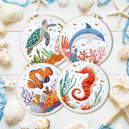INFUNLY 4 Sets Whale Embroidery Kits for Beginners DIY Cross Stitch Starter Kits with Turtles Seahorses Patterns Fish Sea Animals Embroidery Kits with Instructions Embroidery Cloth Hoops Threads Tools