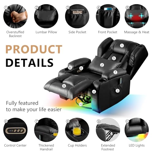DRMBOOK Dual Motor Power Swivel Rocker Recliner Chairs, Electric Wall Hugger Reclining Sofa with Massage & Heat, Modern Theater Seating with LED/USB/Type-C Ports (Leather Black, Single Chair)