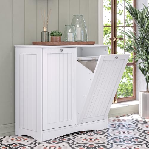 RiverRidge Ashland Double Tilt-Out Laundry Cabinet with Removable Hamper Bags - Beadboard Design Laundry Room cabinets with Top Shelf for Decor - Spacious tilt Out Laundry Hamper for Towels & Clothes RiverRidge