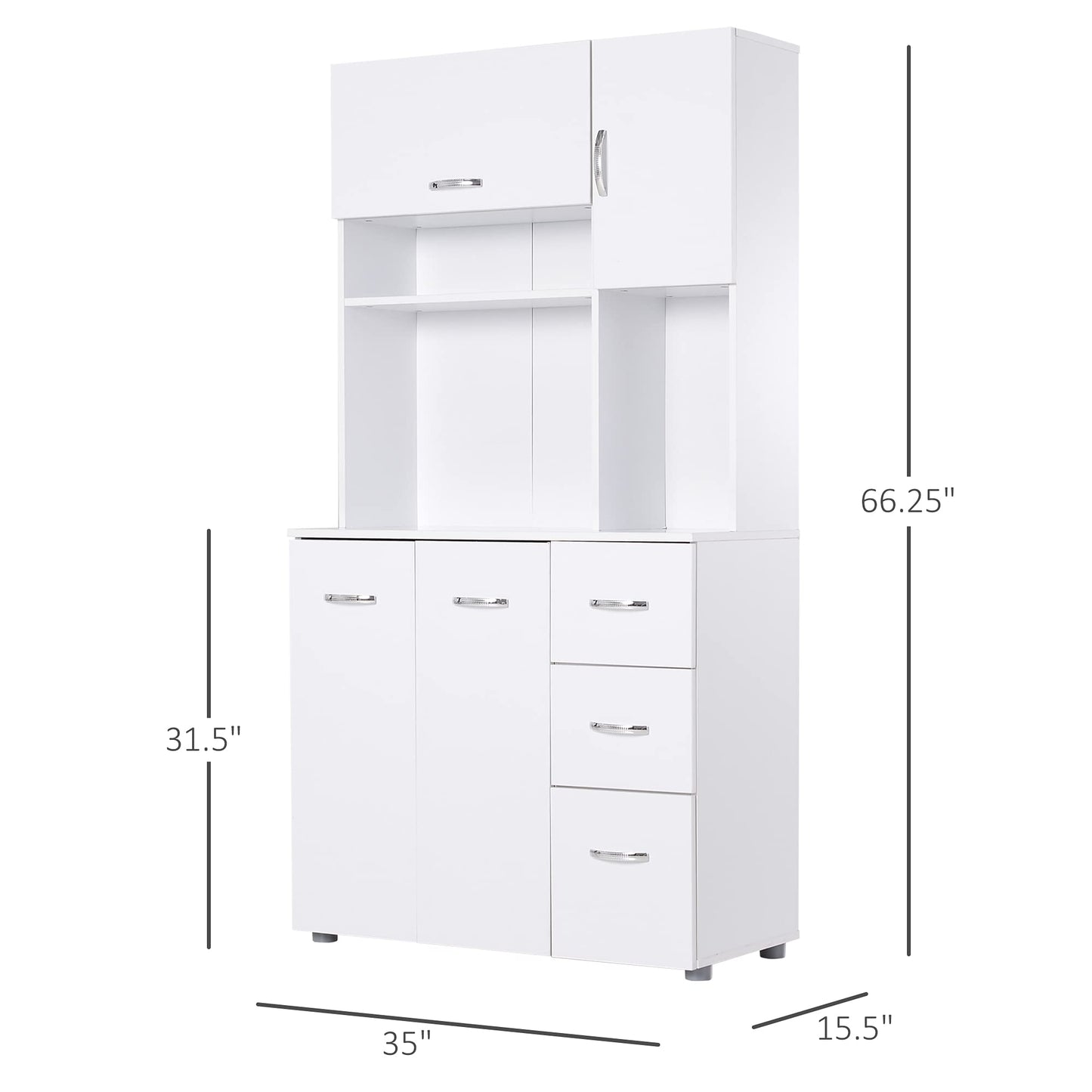 HOMCOM 66" Buffet with Hutch, Freestanding Kitchen Pantry with 2 Large Cabinets, 1 Pull Up Cabinet, 3 Drawers & Wide Countertop, White