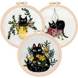 The ZenStore Embroidery Kit for Beginners – Black Cats & Kittens 3 Pattern Set – Complete DIY Needlepoint Kit with Hoops, Thread, Fabric, and Tools – Cute Animal Cat Embroidery Gift