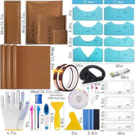 QUKLOGEN Heat Press Pillow Bundle Tools Kit Include 4 Heat Pressing Transfer Pillow Mat 3 Pack Teflon Sheet for Heat Press 2 Rolls Heat Resistant Tape 12 Different Size T Shirt Guide Ruler QUKLOGEN