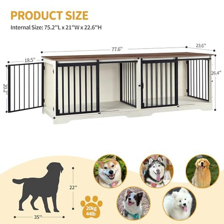 Hzuaneri 78" Dog Crate Furniture for 2 Dogs, Double Dog Cage with Divider, Wooden Heavy Duty Dogs Kennel, Pet Cage with Barn Door, TV Stand for Large Small Medium Dogs, White Brown DFC83714BV1 Hzuaneri