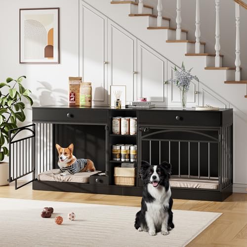 IDEALHOUSE 78.7" Double Dog Crate Furniture with Storage and 2 Doors, Dog Kennel Indoor with Feeding Bowls, Wood Dog Crate TV Stand for Small Medium Dogs, Black IDEALHOUSE