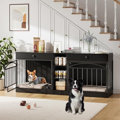 IDEALHOUSE 78.7" Double Dog Crate Furniture with Storage and 2 Doors, Dog Kennel Indoor with Feeding Bowls, Wood Dog Crate TV Stand for Small Medium Dogs, Black IDEALHOUSE