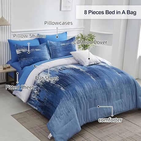 Dinjoy Ombre Blue Comforter Set Full Size Reversible Gradient Blue Grey Boho Bedding Set for Men Women 8 Pieces Bed in A Bag Bohemian Bed Set with Comforter, Sheets, Pillowcases & Shams Dinjoy