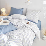 Wake In Cloud - Striped Cotton Duvet Cover Set, Ticking Stripe Vertical Pinstripe Farmhouse, 100% Washed Cotton Textured Percale Bedding Set, 3 Pieces, Blue White, Twin Size Wake In Cloud