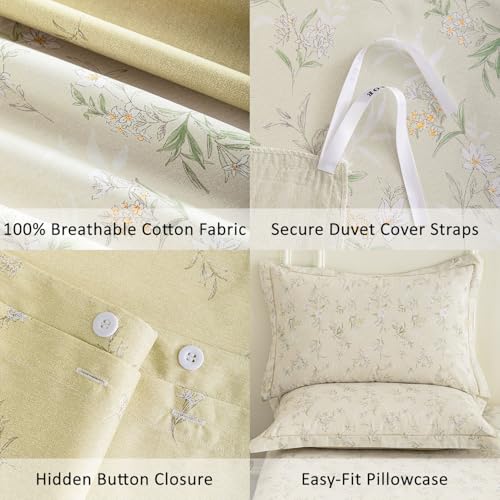 LEMIROE Vintage 100% Cotton Duvet Cover King Size 3PC - Delicate White & Golden Flowers on Beige, Textured Dusty Yellow Back, Botanical Luxurious Bedding Sets with Button Closure (King, 104"×90") LEMIROE