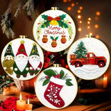 Zhenqing Christmas Embroidery Kit for Beginners - 4 Piece 29x29cm Round Hoop Art with Pre-Printed Cotton Fabric, Embroidery Hoop, Threads & Tools (Merry Christmas, Stocking, Truck, Gnomes)