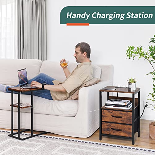 Yoobure Nightstand with Charging Station, Small Night Stand with Fabric Drawers and Storage Shelf for Bedrooms, Small Spaces, Bedside Table with USB Ports & Outlets Yoobure