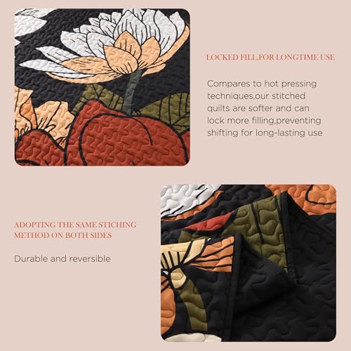 Andency Floral Boho Quilt King Size Bedding Set Black, 3 Pieces Farmhouse Flower Botanical Summer Bedspreads with 2 Shams, Soft Reversible Lightweight Microfiber Coverlet Set for All Season, 106"x96" Andency