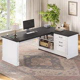 SEDETA Farmhouse 61" Executive L Shaped Desk, Home Office Desk with File Drawers, Computer Desk with Power Outlets and Storage Shelves for Home Office, White SEDETA