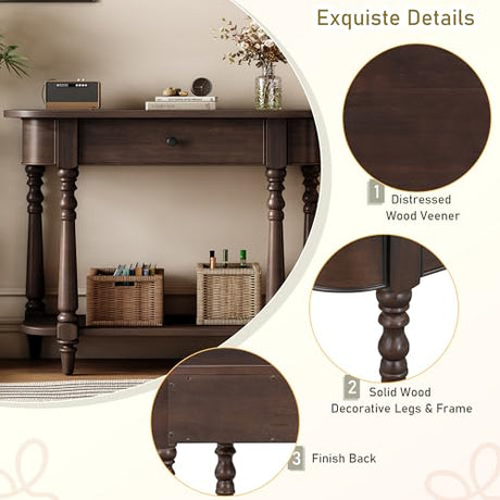 Amposei Small Curved Console Table 36-Inch Retro Farmhouse Wood Entry Sofa Table with Drawer & Storage Shelf for Living Room Hallway Entryway Furniture, Espresso Amposei