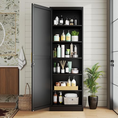 risuoge Metal Locker Cabinet, 19.7’’W Narrow Lockable Single Bathroom Storage Cabinet, File Cabinet with Lock and Adjustable Shelves for Living Room, Home Office, Kitchen, Black risuoge