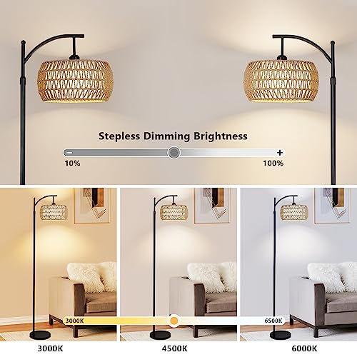 Arc Floor Lamp with Remote Control, Dimmable LED Floor Lamp with 3 Color Temperature, Black Standing Lamp with Rattan & Fabric Double Drum Shade, Boho Farmhouse Tall Pole Lamp for Living Room Bedroom eyassi