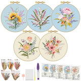 ERKOON Embroidery Kit for Beginners, 5 Sets Flower Cross Stitch Set for Adults Include Embroidery Cloth Hoops Threads for Craft Lover Hand Stitch with Skill Techniques (Bouquet)