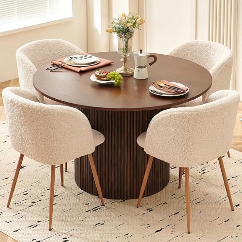 Homedot 5 Piece 47-inch Round Dining Table Set for 4, Rustic Walnut Dinner Table with Upholstered Sherpa Dining Room Chairs Set, Engineered Wood Kitchen Table with Wood Strips Base Homedot