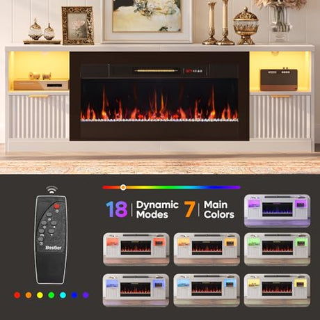 Bestier 70” Fireplace TV Stand for TVs Up to 80", LED Entertainment Center with 36" Electric Fireplace, Modern Fluted Media Console Table with Drawers, TV Cabinet for Living Room - White Bestier
