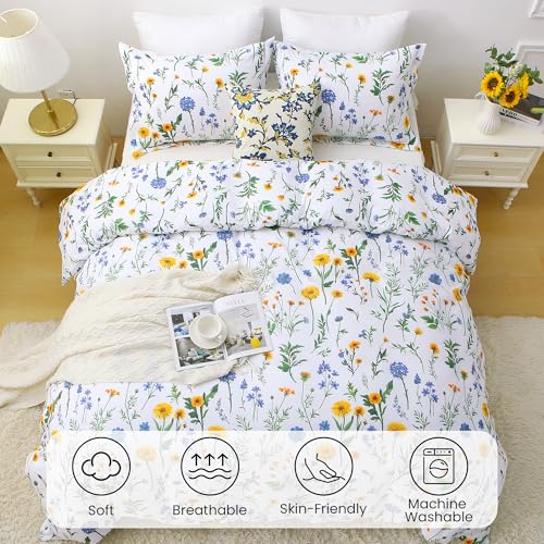 Mooreeke Duvet Cover Full Size, 3 Piece Dandelion Floral Duvet Cover Set with Zipper Closure, Soft & Breathable Microfiber Botanical Patterned Bedding Set with 4 Corner Ties and 2 Pillow Shams Mooreeke