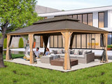 Domi 14x24FT Hardtop Gazebo, Permanent Wood Grain Metal Gazebo with Galvanized Steel Double Roof and Aluminum Frame, Curtain and Netting, Large Pavilion Gazebo, Wood Looking domi outdoor living