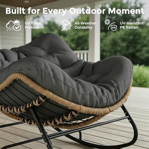 SWITTE Oversized Outdoor Papasan Rocking Chair, Wicker Egg Chair with Thick Cushion, Patio Lounge Rocker Bed for Indoor & Outdoor, Bedroom, Balcony, Porch, Garden, Dark Gray