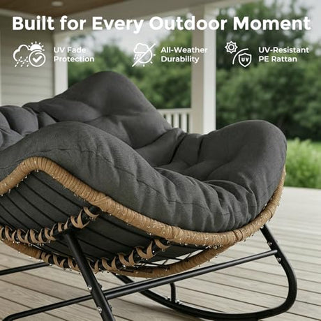 SWITTE Oversized Outdoor Papasan Rocking Chair, Wicker Egg Chair with Thick Cushion, Patio Lounge Rocker Bed for Indoor & Outdoor, Bedroom, Balcony, Porch, Garden, Dark Gray SWITTE