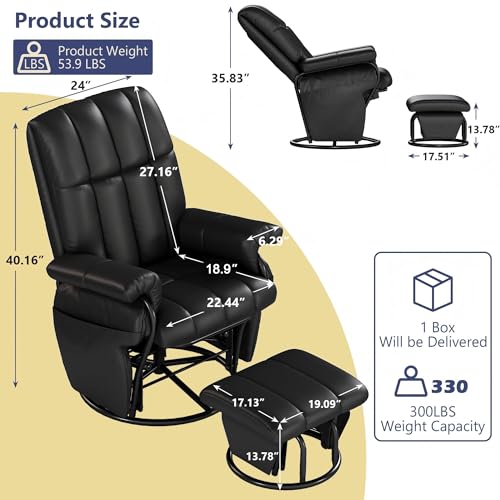 AODAILIHB 360° Swivel Glider Recliner with Ottoman, Nursing Glider Rocking Chair with Foot Rest & 2 Side Pockets for Nursery, Living Room, Bedroom, Office, Black