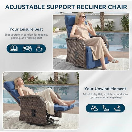 Jelwaly Zero Gravity Patio Swivel Recliner Chairs Set of 2 - Wicker Outdoor Lounge Chair with Adjustable Backrest & Footrest, All Weather Reclining Rocker Chairs with Thick Cushion for Pool Deck Blue Jelwaly