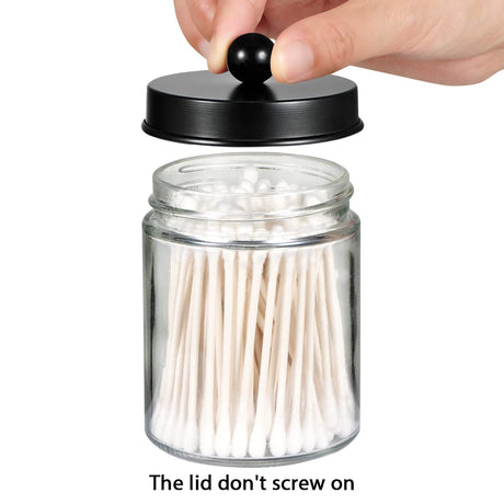 Amolliar 4 Pack Apothecary Jars Bathroom Vanity Storage Organizer Set -Countertop Canister with Stainless Steel Lids &Cute Stickers - Qtip Dispenser Holder for Qtips,Cotton Swabs,Makeup Sponges(Black) Amolliar