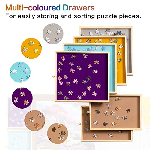 Tektalk Wooden Jigsaw Puzzle Table with Dustproof Cover，Plateau Portable Puzzle Board with 6 Colorful Sliding Drawers (Up to 1500 Pieces) - WoodArtSupply