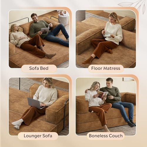 WLIVE 87'' Futon Sofa Bed, Convertible Sleeper Sofa, Folding Pull Out Couch Boneless Mattress with Fixed Frame, Corduroy, with Storage Pocket, Brown WLIVE