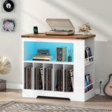 HOOBRO Large Record Player Stand with Charging Station & LED Lights, Vinyl Record Storage Table Holds up to 230 Albums, Turntable Stand with Display Shelf for Living Room, Walnut and White WH80UDRS01 HOOBRO