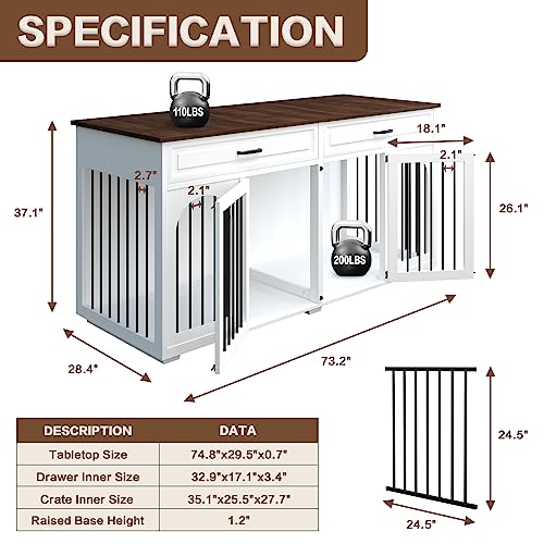 IKISSLIFEEL Large Dog Crate Furniture,74.8" Wooden Double Dog Crates Furniture Style for 2 Large Dogs,XXL Heavy Duty Dog Kennel Furniture Indoor with Divider and 2 Drawers,White - WoodArtSupply