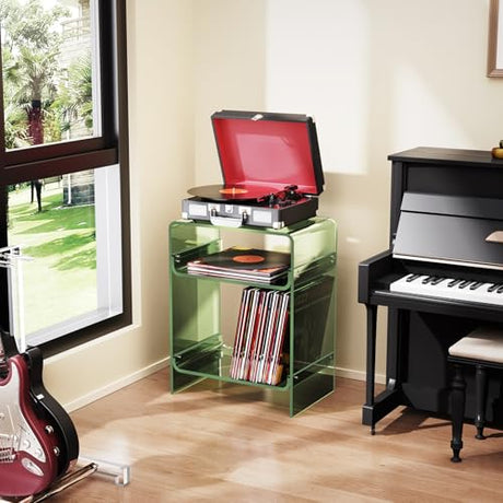 Acrylic Record Player Table with Storage Shelf, Clear Side Table Nightstand (Green, Large) Acrylicolor
