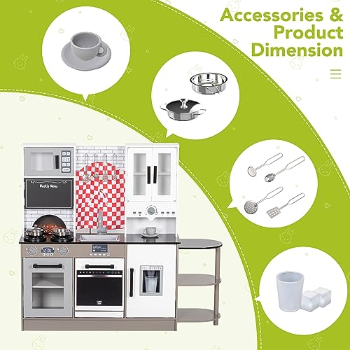 BRINJOY Kids Kitchen Playset, Wooden Toddler Kitchen Set w/Curtains, Coffee Maker, Storage Shelf, Stove,Sink, Utensils, Light & Sound, Kids Pretend Play Kitchen Toy Gift for Girls Boys (3-Stage) BRINJOY