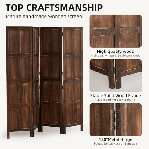 Asnefeli Wood 4 Panel Room Divider, 5.6Ft Detachable Folding Privacy Screen for Room Separation, 33.5" 2in1 Removable Short Wall Divider Screen for Home Office, Bedroom, Dog Gate for Isolate Dog-Brown Asnefeli