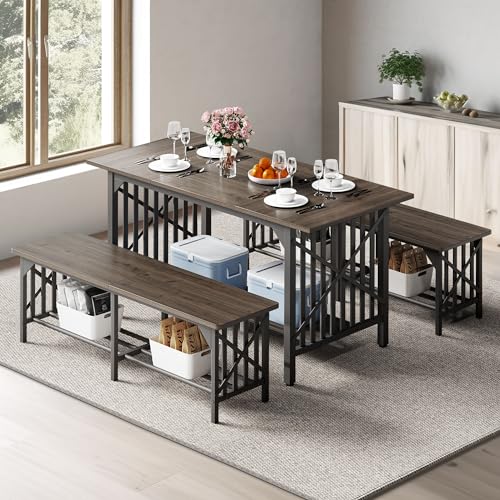 DWVO 3-Piece Dining Table Set for 4-6 People with 2 Benches, 63" Dining Room Table, Industrial Rectangular Dining Room Table Set with Storage for Kitchen, Dining Room, Grey DWVO