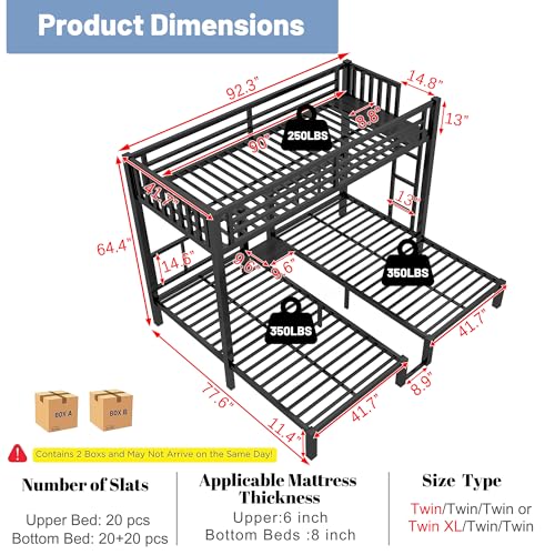 MoproBeti Triple Bunk Bed for Kids,Metal Heavy Duty 3 Bunk Beds with Storage Shelf & Ladder, Convertible Three Bunk Beds for Girls Boys Teens,Can be Separated into 3 Beds, Black MoproBeti