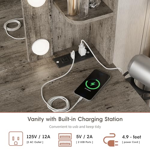Vabches Vanity Desk with Mirror and Lights,Makeup Vanity Table with Charging Station,2 Drawer Bedroom Dressing Table with 3 Colors Modes Dimming & Cushioned Stool,Light Rustic Oak Vabches
