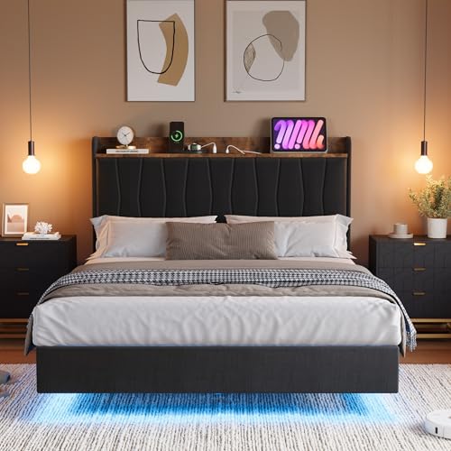 GarveeHome Floating Bed Frame Full with LED Lights & USB Charging Station – Modern Upholstered Platform Bed with Headboard, Solid Wood Slats Support, No Box Spring, Easy Assembly, Noise-Free, Black GarveeHome