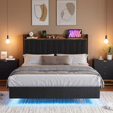 GarveeHome Floating Bed Frame Queen with LED Lights & USB Charging Station – Modern Upholstered Platform Bed with Headboard, Solid Wood Slats Support, No Box Spring, Easy Assembly, Noise-Free, Black GarveeHome