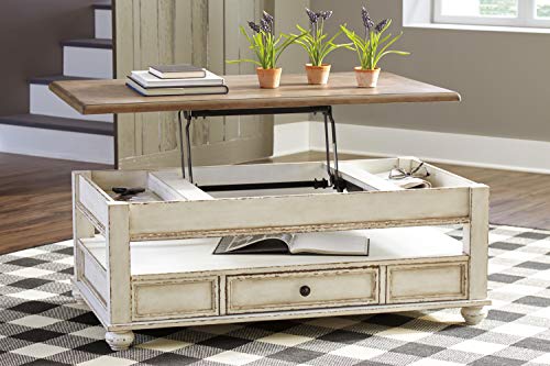 Signature Design by Ashley Realyn Vintage Farmhouse Rectangular Lift Top Coffee Table with Storage Drawer, White & Brown - WoodArtSupply