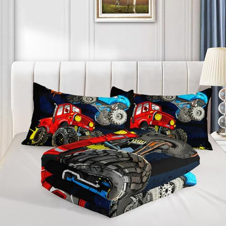 QOOMO Truck Comforter Set for Kids Teens Boys,Cars Kids Comforter,1 Comforter with 2 Pillowcase, Microfiber 3 Piece Bedding Set,Soft and Lightweight(Black，Full Size) QOOMO
